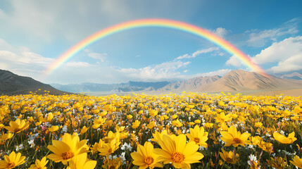Naklejka premium Magical rainbow arching over a field of blooming yellow wildflowers in the desert, wildflowers, field, yellow. Rainbow Fields. Illustration