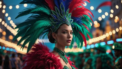 Stunning woman in vibrant feathered costume posing at a carnival celebration