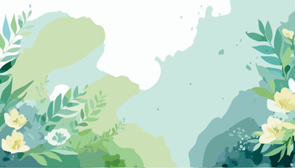 Obraz premium Abstract vector art floral background vector, wallpaper with watercolor, leaf framed, flower, vivid foliage, aquarelle frame, in green and blue, summer colors.