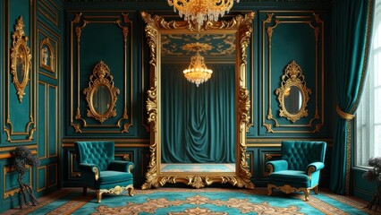 Obraz premium Luxurious baroque interior with ornate gold mirror and teal velvet chairs