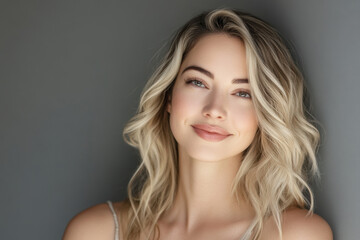 Naklejka premium Young woman with wavy blonde hair smiling against a grey background in natural light