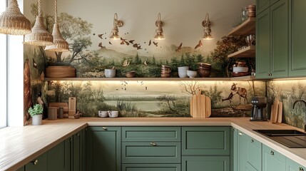 A forest-inspired mid-century kitchen with hunter green cabinets and light oak countertops. The backsplash is a mural of hand-painted wildlife in deep