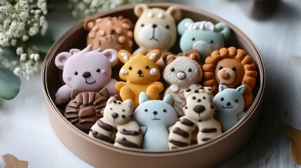 A delightful box of intricately decorated cookies shaped like cute animals, showcasing impeccable craftsmanship and creativity, perfect gifting or enjoyment occasion.