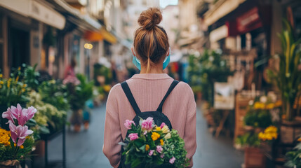 Charming Scene of a Woman with a Floral Backpack Strolling Through a Vibrant Flower Market