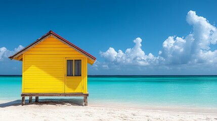 Obraz premium A vibrant yellow beach hut stands alone on a pristine sandy shore, framed by a brilliant azure sea and expansive sky, embodying solitude and tropical serenity.