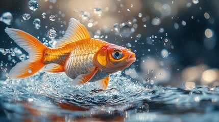 Goldfish jumping out of water with dynamic splashes