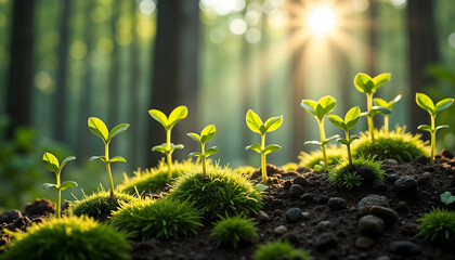 Young forest plants with delicate green leaves and tender stems growing on mossy forest floor, blurred background