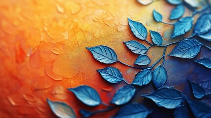 Naklejka premium An artistic image depicting vibrant blue leaves painted against a textured orange background, presenting a fusion of color and nature in a visually stunning design.