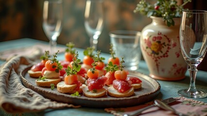 Elegant appetizers on rustic platter with glasses and floral vase