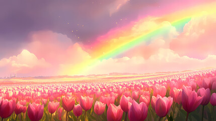 A breathtaking landscape of vibrant pink tulip fields under a radiant rainbow against a stormy sky. Rainbow Fields. Illustration