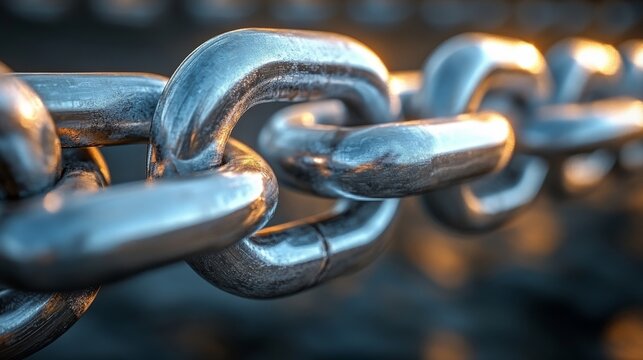 A close-up view of shiny metal chain links illuminated by sunlight, symbolizing strength, connection, and the unbreakable bonds or unity among entities.