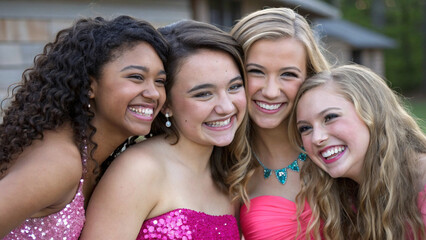 Obraz premium Joyful Prom Night: Four Friends Celebrating Together