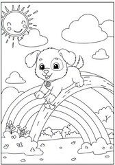 Fototapeta premium Cute cartoon puppy, rainbow bridge, smiling sun, fluffy clouds, happy meadow, coloring book style, black and white line art, children's illustration, cheerful scene, playful design, simple outlines, w