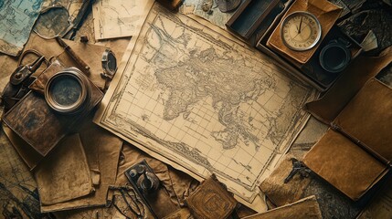 Fototapeta premium Vintage World Map Surrounded by Exploration Artifacts and Tools