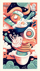 Abstract Food Composition: A Whimsical Noodle Bowl Illustration