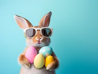 An easter bunny rabbit wearing sunnies shades sunglasses and colorful easter eggs on a blue background