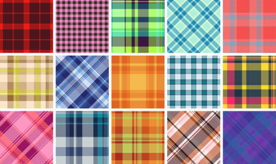 Collection of 16 vibrant plaid patterns.  Perfect for textile design, fashion, websites, and branding.  Seamless textures in diverse colors  styles offer endless creative possibilities.