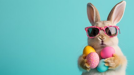 An easter bunny rabbit wearing sunnies shades sunglasses and colorful easter eggs on a blue background