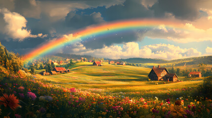 vibrant rainbow tranquil countryside