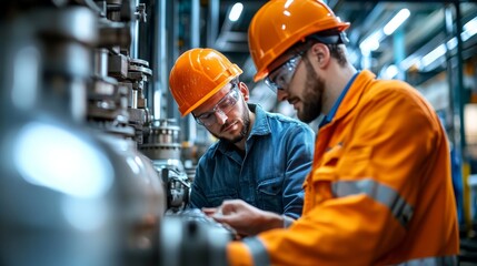 Two industrial workers wearing protective gear inspect and discuss machinery, emphasizing safety and collaboration in a factory environment focused on precision and maintenance.