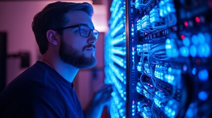 A technician closely examines a data server surrounded by glowing blue LED lights, illustrating the technical expertise and futuristic ambiance of digital management.