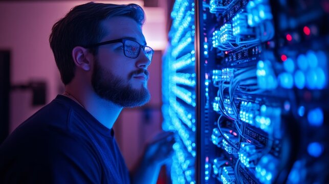 A technician closely examines a data server surrounded by glowing blue LED lights, illustrating the technical expertise and futuristic ambiance of digital management.