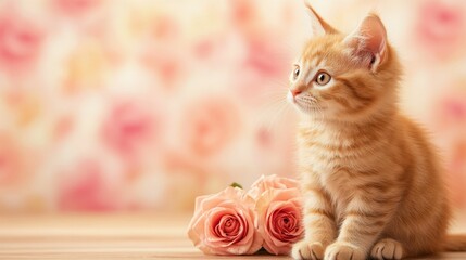 Cute kitten sitting beside valentine's roses on soft floral background for heartfelt greetings
