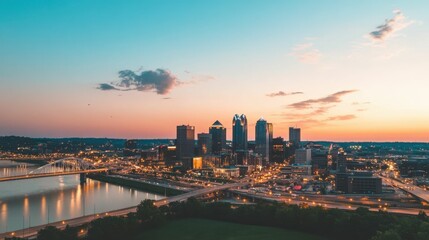 Vibrant city skyline at sunset with urban lights