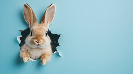 Fototapeta premium Easter Bunny with fluffy eared peeking out of a hole in blue wall
