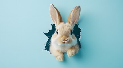 Obraz premium Easter Bunny with fluffy eared peeking out of a hole in blue wall