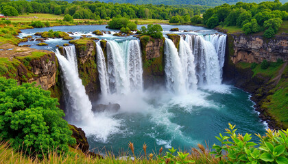 Fototapeta premium Waterfalls surrounded by lush green forest