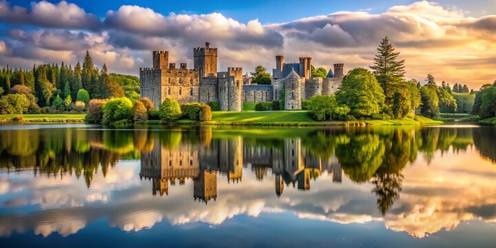 Minimalist Waterscape: Ashford Castle, Ireland - Calm Lake Reflecting Ancient Stone