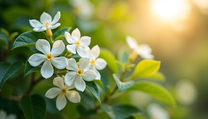 Fototapeta premium Close-up of fresh jasmine flowers with delicate white petals and green leaves against a blurred background