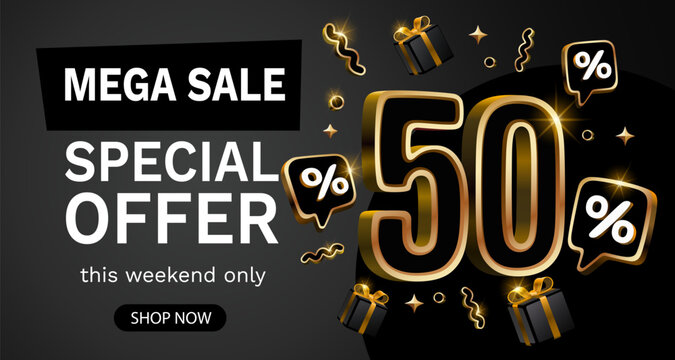 Mega sale, 50 special offer banner. Golden sign board promotion. Vector illustration