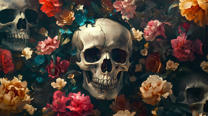Generative ai illustration of scary hollow skulls surrounded with colorful blooming flowers. Gothic Garden. Illustration