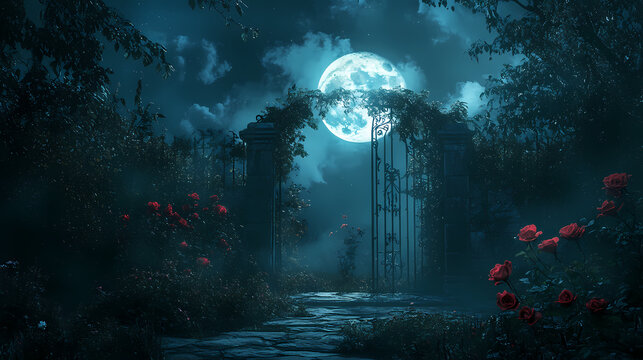 Full moon casts eerie glow on gothic rose garden at dusk, flowers, night. Gothic Garden. Illustration