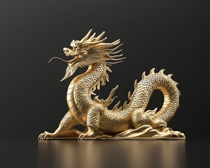 Obraz premium Gold dragon statue on black background.