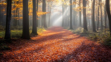 Obraz premium Sunlight streaming through a forest path 