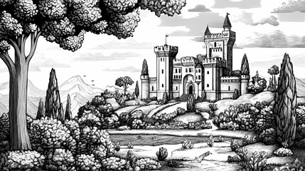 Grand medieval castle in monochrome woodcut style with landscaped gardens. Gothic Garden. Illustration
