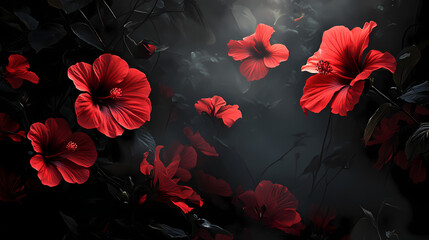 Hibiscus flowers glowing eerily in a gothic garden, with dark shadows and mist creeping around their vibrant red petals. Gothic Garden. Illustration
