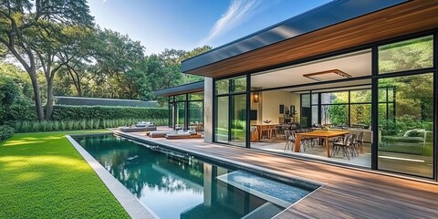 Fototapeta premium A modern home with an outdoor area featuring large glass windows, wooden flooring, and lush greenery around the pool.