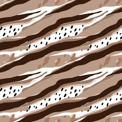 Seamless pattern with wavy brown and white stripes, complemented by artistic black and beige spots, modern, dynamic, visually arresting texture for apparel, room decor, tee prints, fabric, wrapping