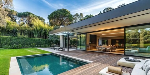 Fototapeta premium A modern home with an outdoor area featuring large glass windows, wooden flooring, and lush greenery around the pool.
