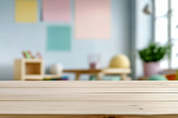 Empty wooden tabletop with Montessori class, kindergarten, children room interior background. Wooden table for product presentation mockup