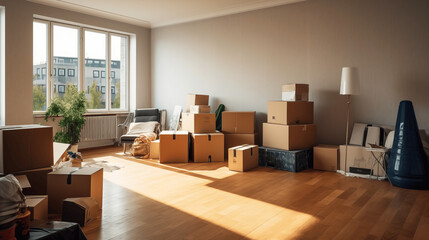 Déménagement d'un appartement, d'une maison. Cartons, boîte de rangement. Nouveauté, style de vie, famille, intérieur. Pour conception et création graphique.	