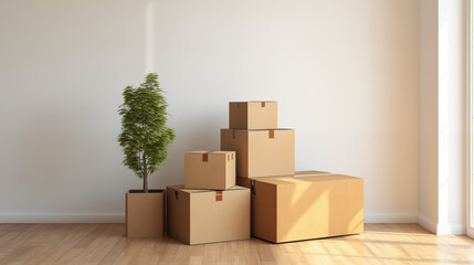 Déménagement d'un appartement, d'une maison. Cartons, boîte de rangement. Nouveauté, style de vie, famille, intérieur. Pour conception et création graphique.	