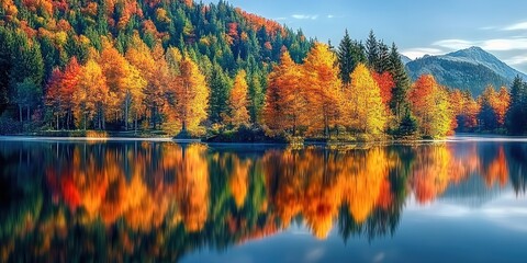 Obraz premium A picturesque autumn scene with colorful trees reflecting on the calm surface of a tranquil lake, creating a stunning natural landscape