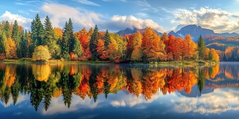 Fototapeta premium A picturesque autumn scene with colorful trees reflecting on the calm surface of a tranquil lake, creating a stunning natural landscape