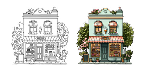 coloring page an outline and colored version of a cute house bakery in summer, featuring baked goods, pastries. Vector illustration