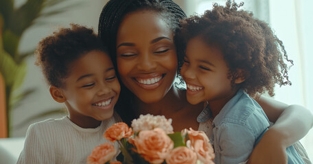 A loving black mother embraces her children, a son and daughter, at home. The kids hold flowers to express their affection during a special Mother&rsquo;s Day celebration.